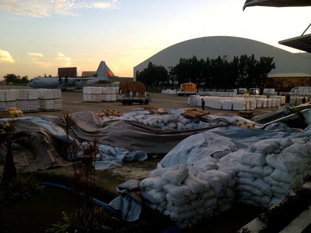 Relief goods await at Villamor Air Base to be shipped to affected areas in the Visayas region